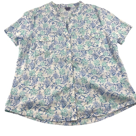 Laura Scott Women's Floral Button-Down Blouse XL White Blue Green Short Sleeve - Picture 1 of 4